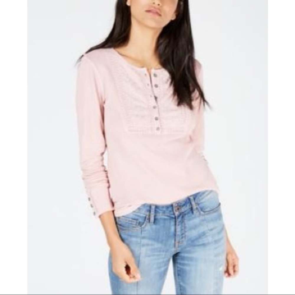NWT Lucky Brand Embroidered Henley Thermal Top